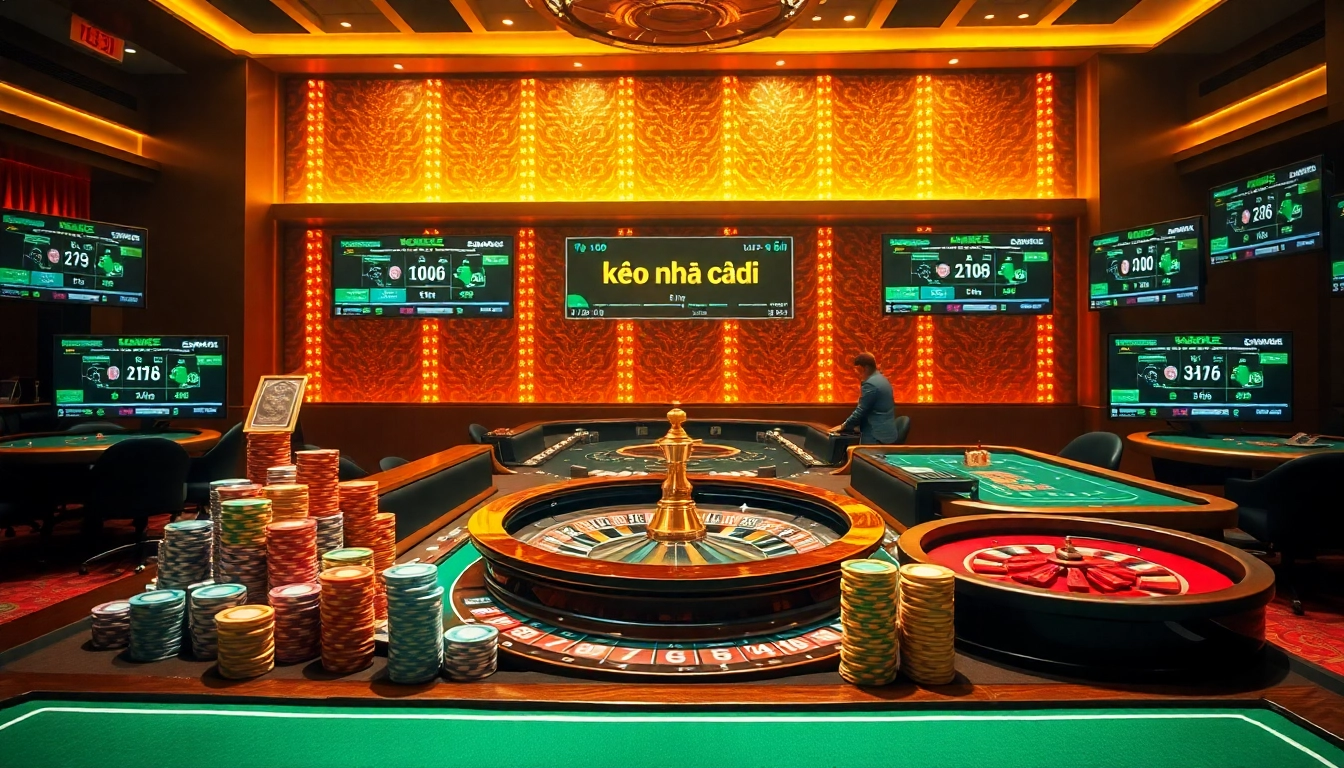 Kèo nhà cái displayed on digital screens in an engaging casino setting with poker tables and roulette wheels.