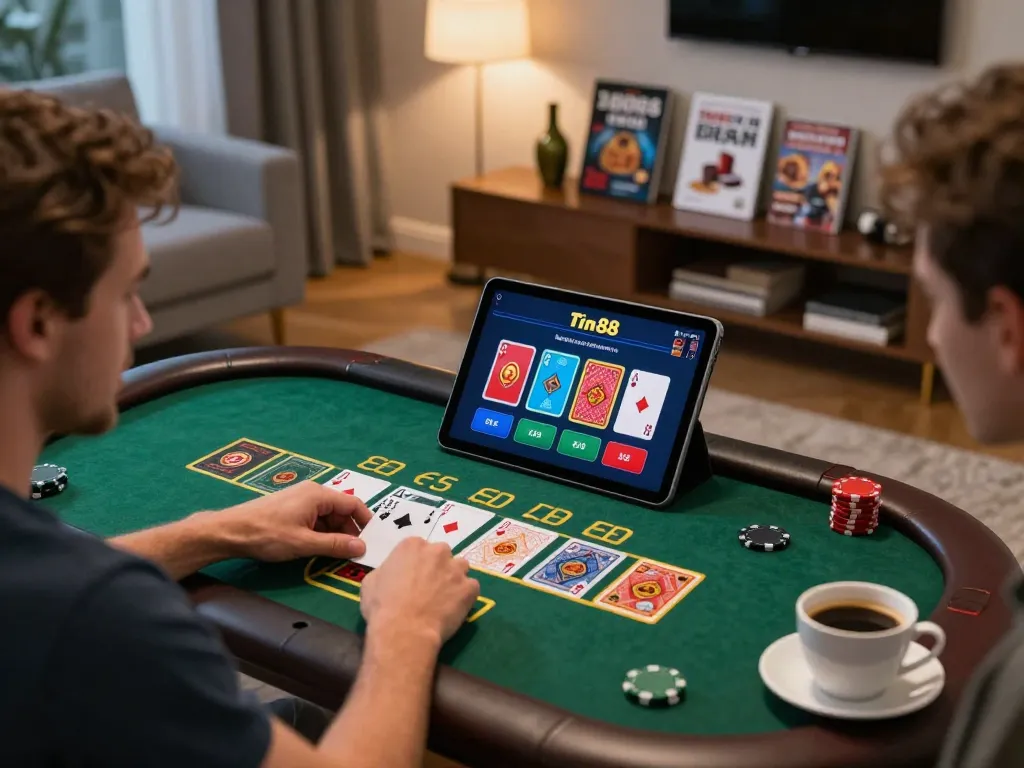 Players enjoying an engaging online blackjack game at Tin88 on a stylish tablet in a cozy home setting.