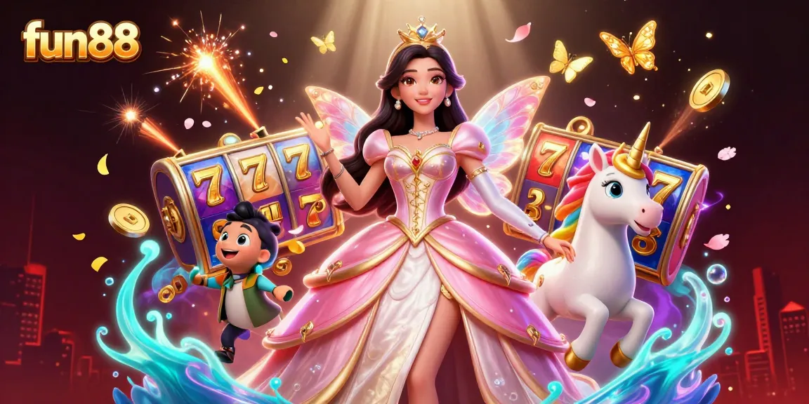 Experience the thrill of fun88 with engaging slot reels and lucky 7s in this vibrant casino scene.
