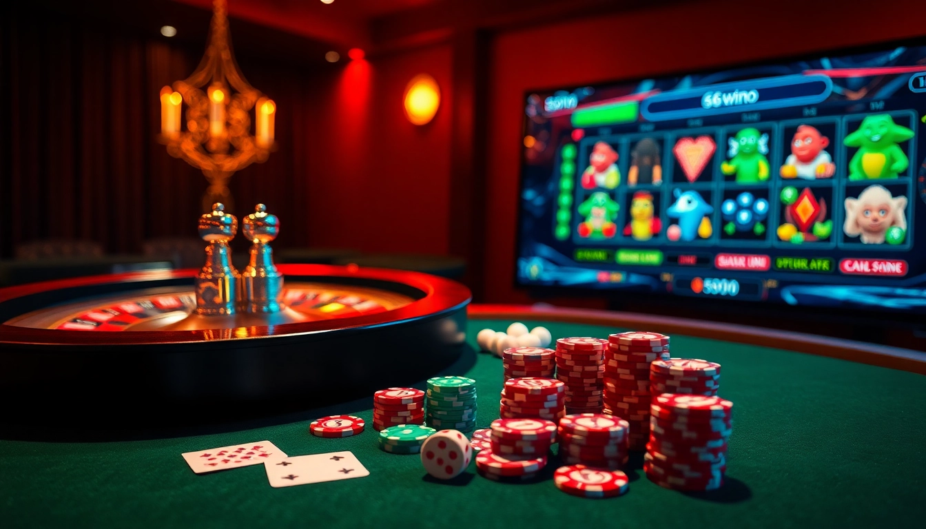 A thrilling casino scene showcasing online gambling excitement at https://56win.to/ with poker chips and roulette wheel.
