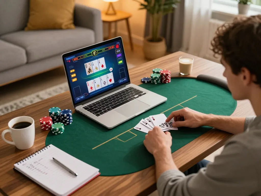 Sunwin player strategizing during an intense online poker game at home with a cozy setup.