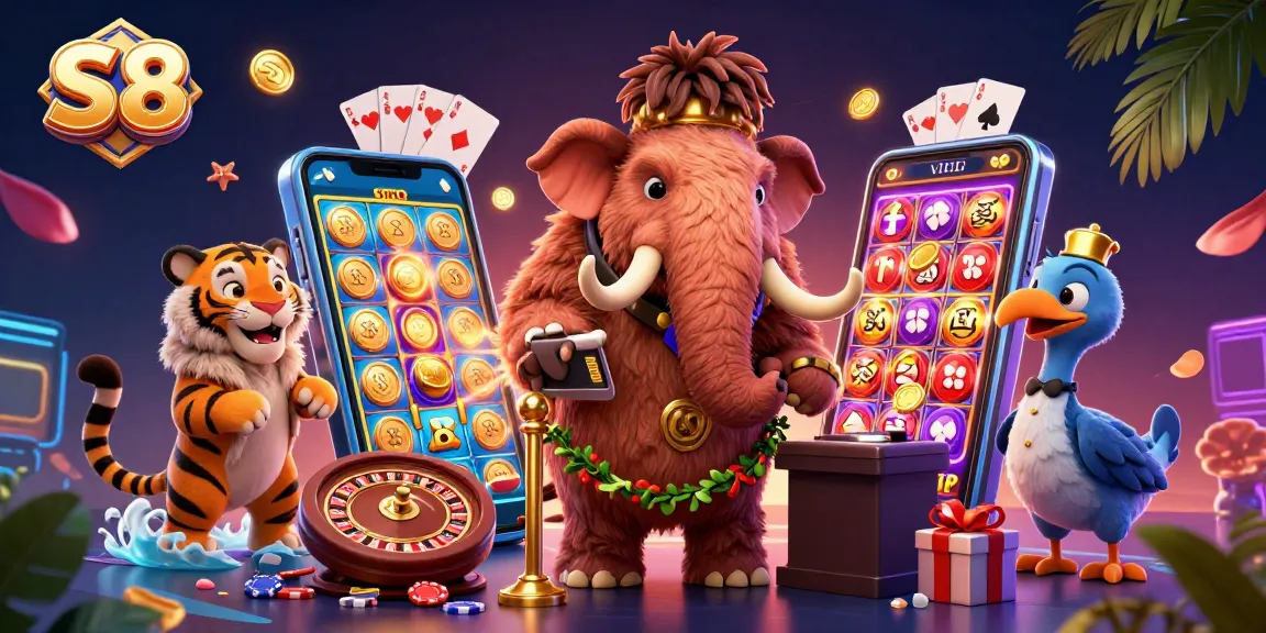 S8 casino scene with a woolly mammoth bouncer, VIP saber-tooth tiger, and dodo bird doorman.