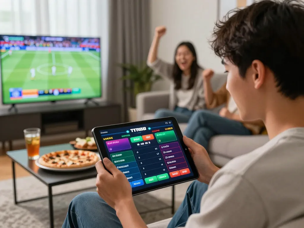 Engaging sports betting scene showcasing Nhà cái TR88 with a young adult using a mobile device, bright living room atmosphere.