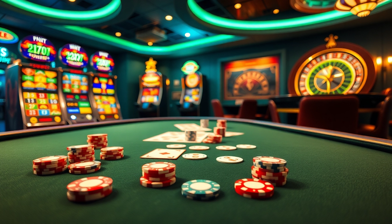 Experience the excitement of Luckywin777 at a luxurious casino table filled with poker chips and cards.