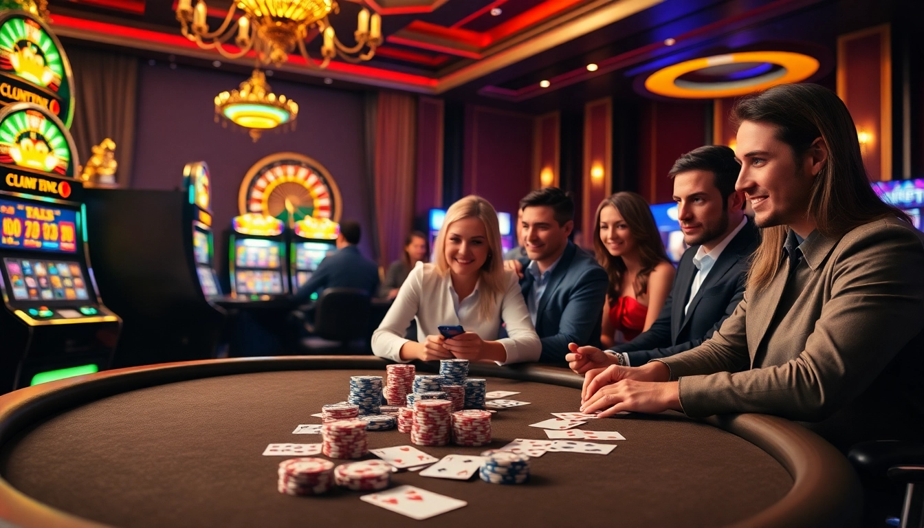 Players enjoying the thrill of gaming at okfun com's luxurious casino scene.