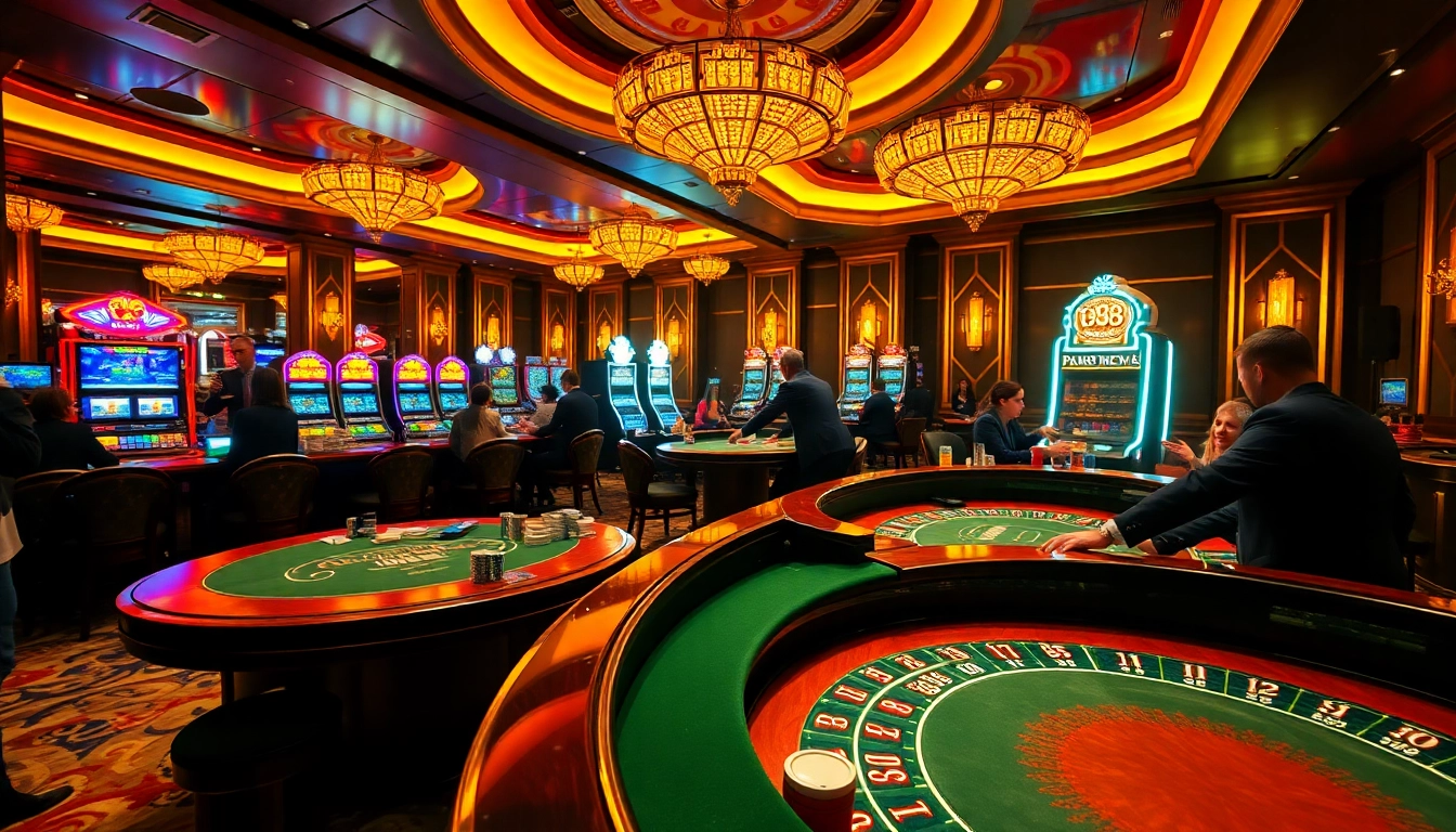 Engage in thrilling casino gaming at tr88, featuring vibrant tables and neon lights.