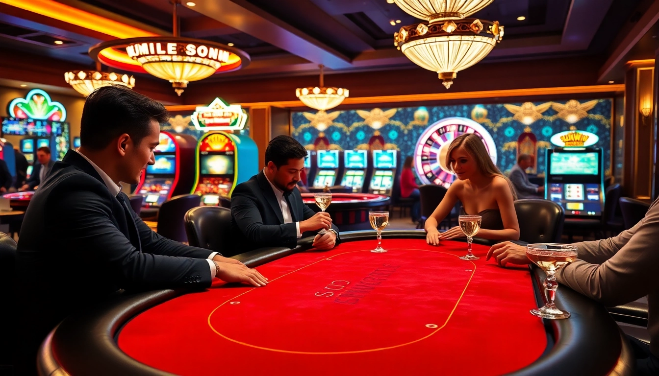 Engaged players at a Sunwin poker table in a luxurious casino atmosphere.