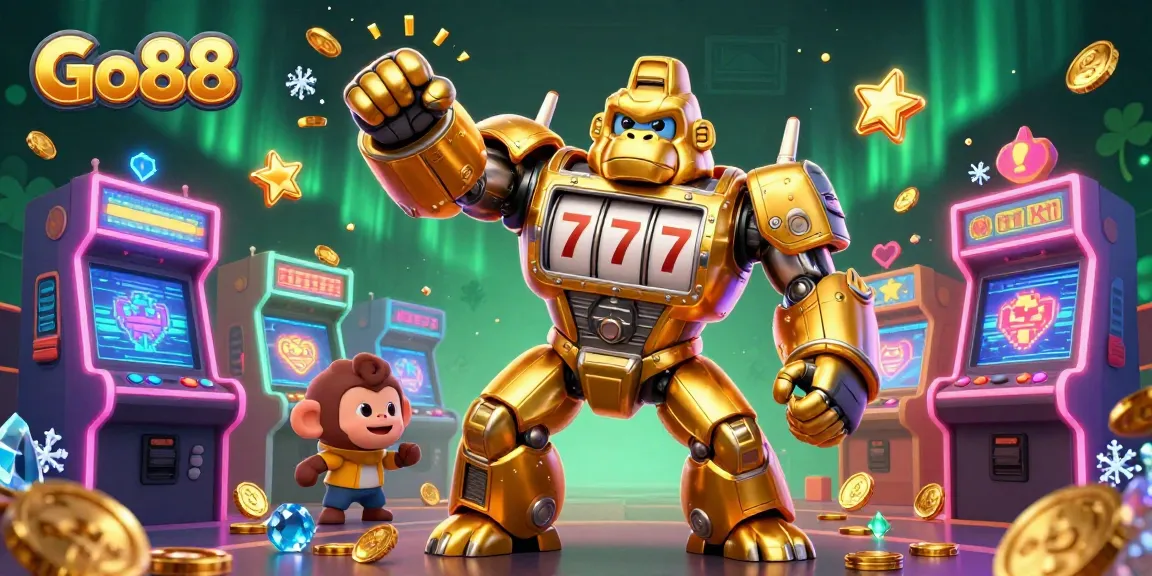 Engage in thrilling gameplay at Go88 with the dynamic golden gorilla mech and colorful casino elements.