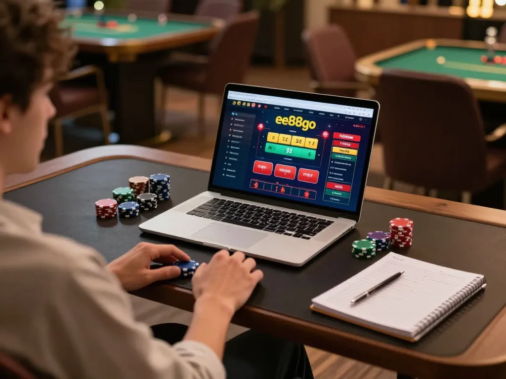 Player engaging in online gaming on ee88go, showcasing an inviting atmosphere with poker chips and strategic materials.