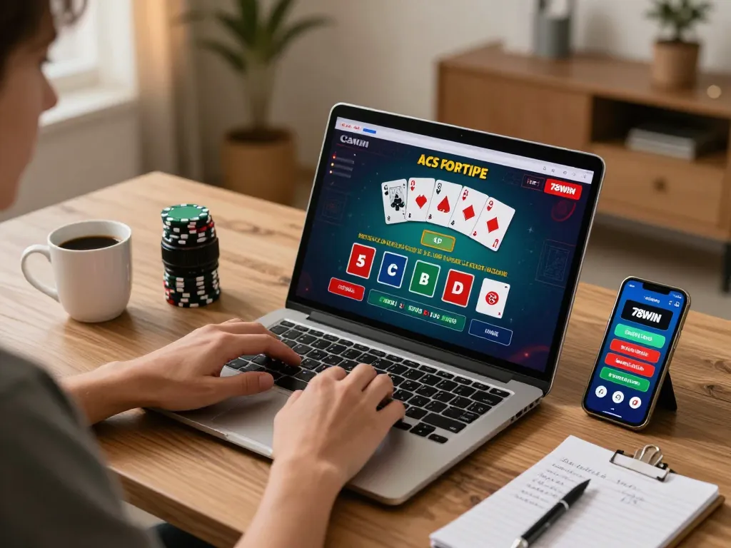 Engaging in live dealer blackjack on 78WIN casino app in a cozy home office setup.
