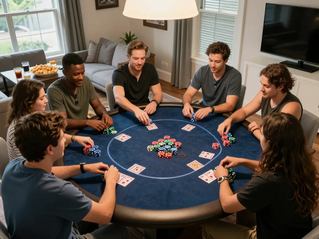 Gather friends for an exciting poker night at home with fly888x in a cozy setting.
