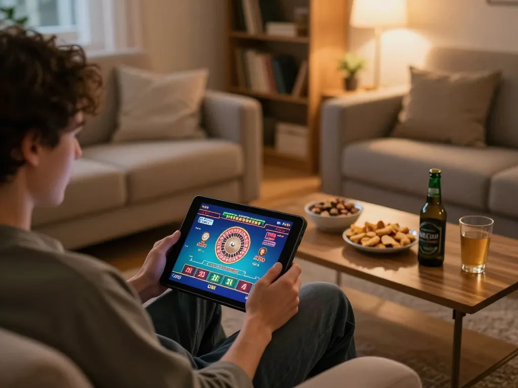 Playing live dealer roulette on luck8 com tablet in cozy home setting, inviting atmosphere.