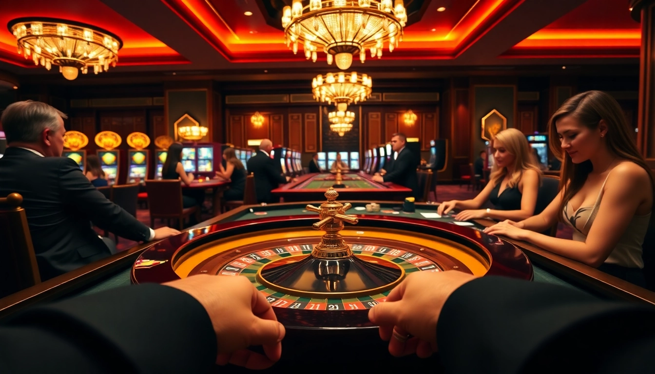 Experience the thrill of KP88 with players engaged in a lively casino atmosphere featuring roulette and poker tables.
