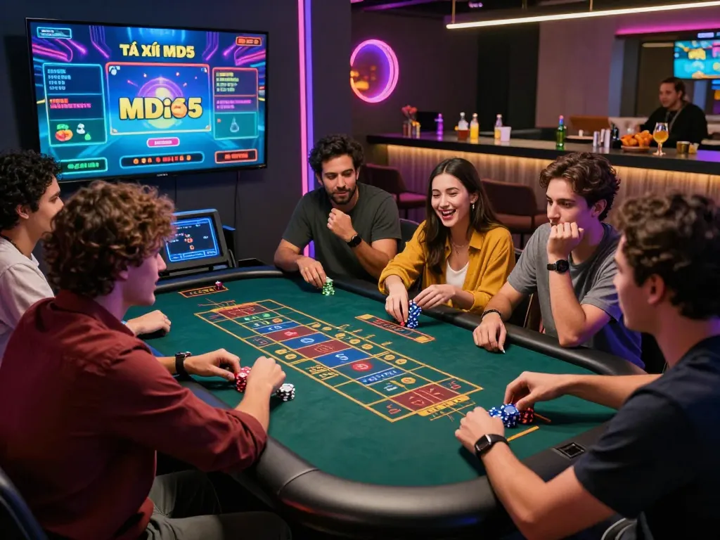 Friends enjoying a vibrant game of tài xỉu MD5, showcasing modern gaming excitement and social interaction.