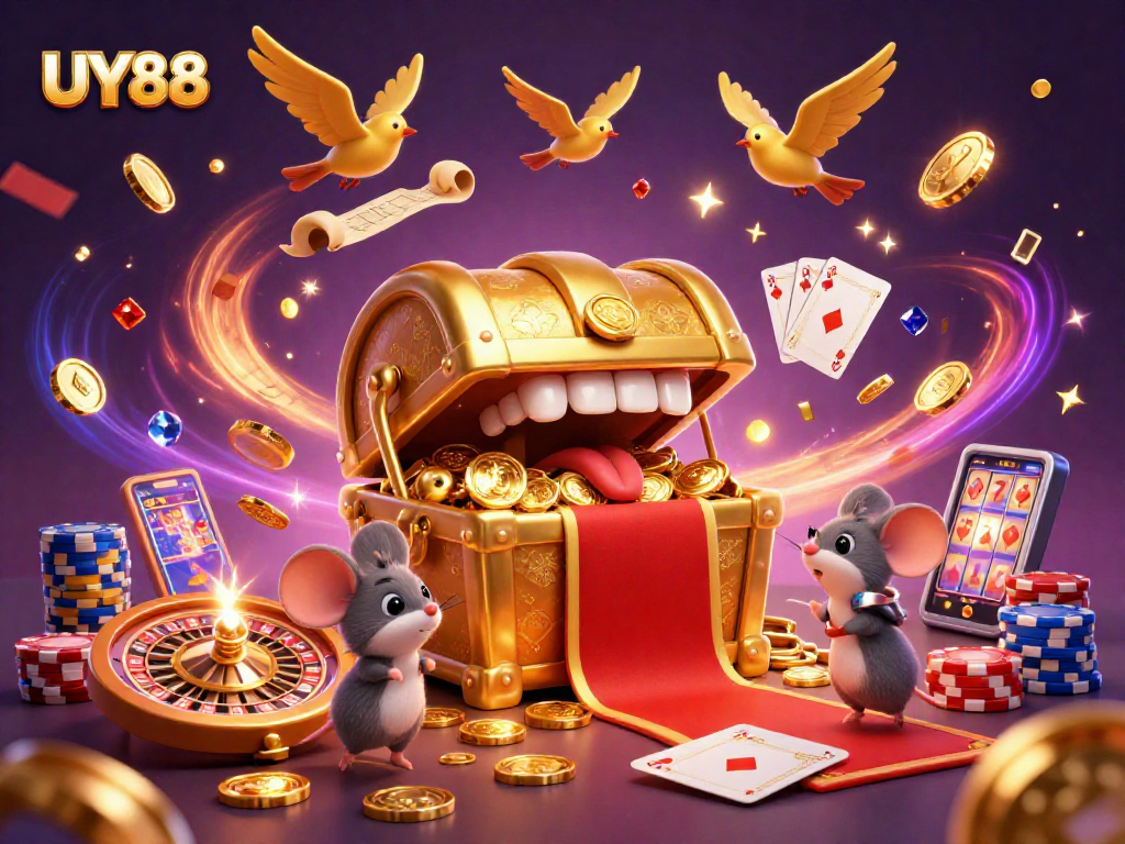 Experience the thrill of UY88 with a treasure chest alluring adventurers amidst cascading coins and gems.