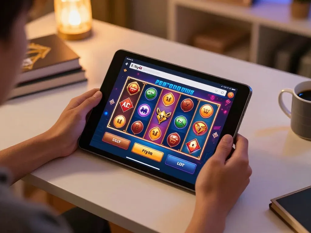 Playing exciting fly88 slots on a tablet in a cozy home setup, promoting responsible gaming.