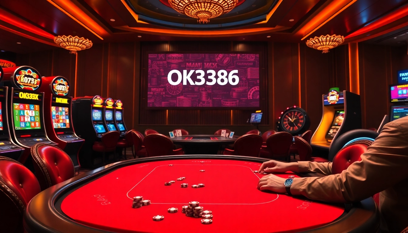 A high-stakes poker game at a luxurious casino featuring the OK8386 logo among vibrant slot machines.