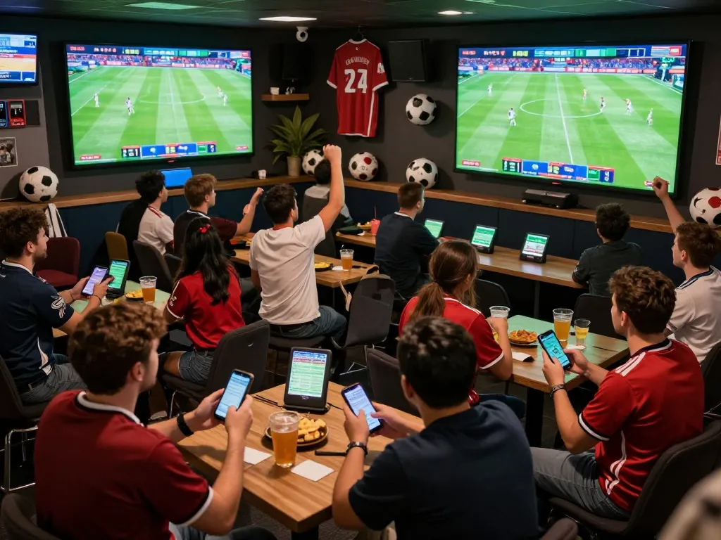 Fans engaging in football betting with excitement during live match at a sports lounge.