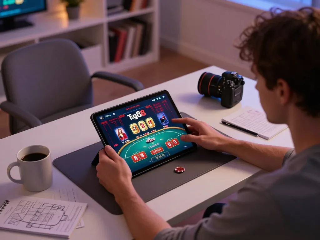 Tg88 online gaming experience with live dealer poker on a tablet at a cozy home desk setup.