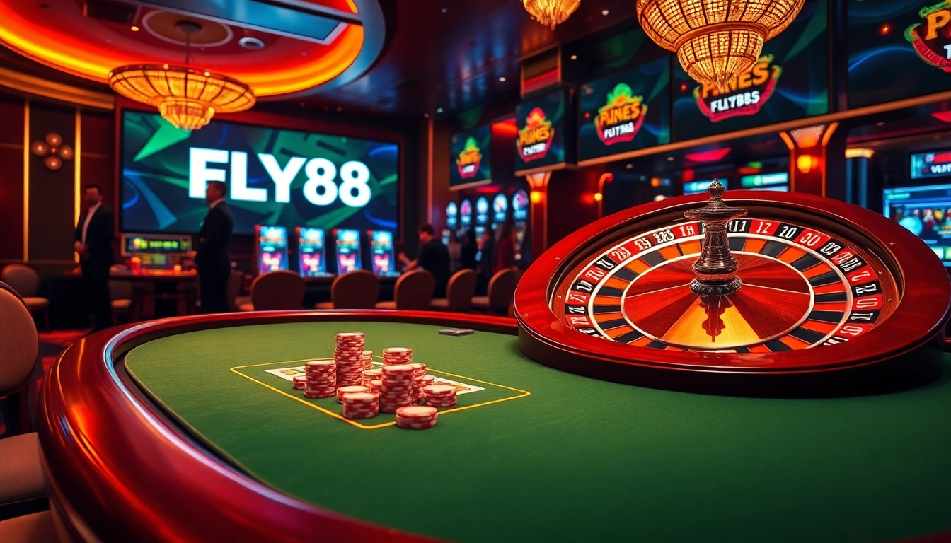 Experience high-stakes gaming at FLY88 with vibrant casino visuals featuring poker tables and roulette wheels.