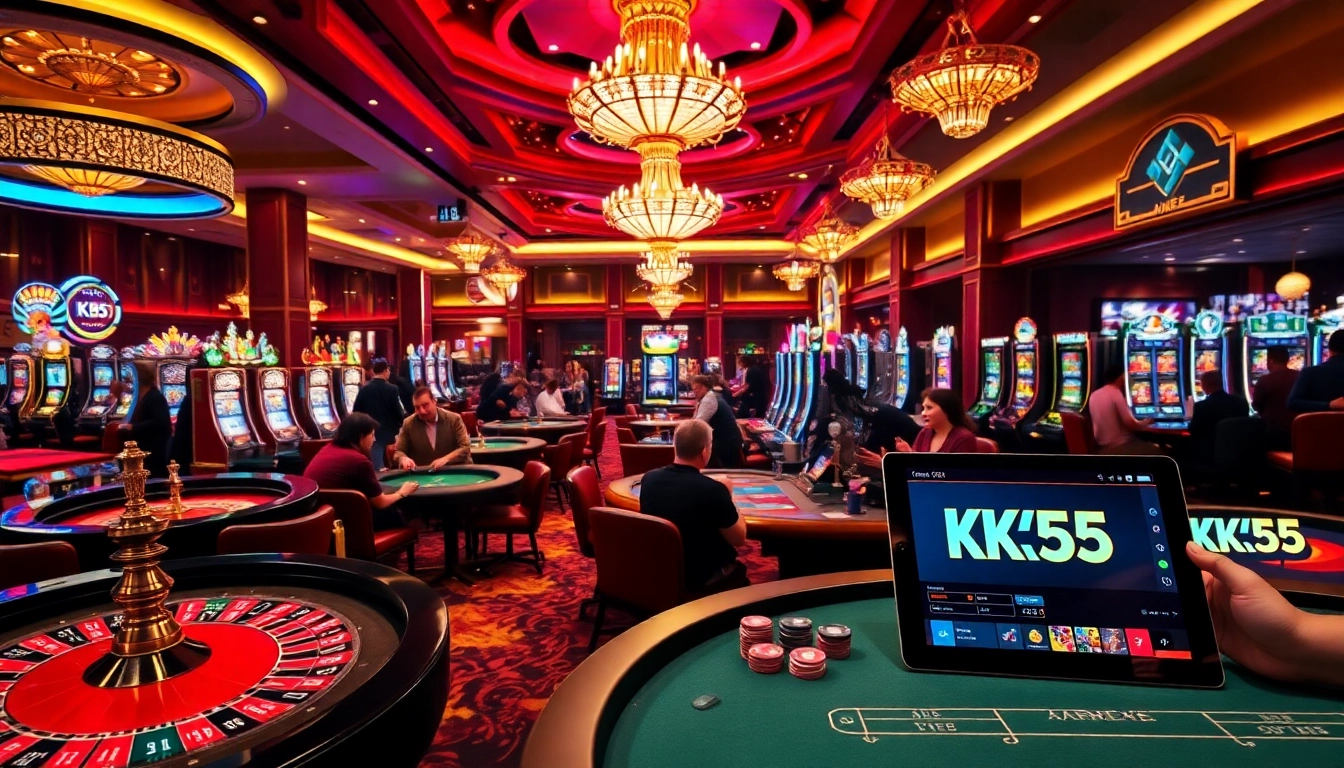 Jogadores aproveitando os melhores jogos em https://kk55.global/ em uma atmosfera luxuosa de cassino, destacando fichas e mesas.