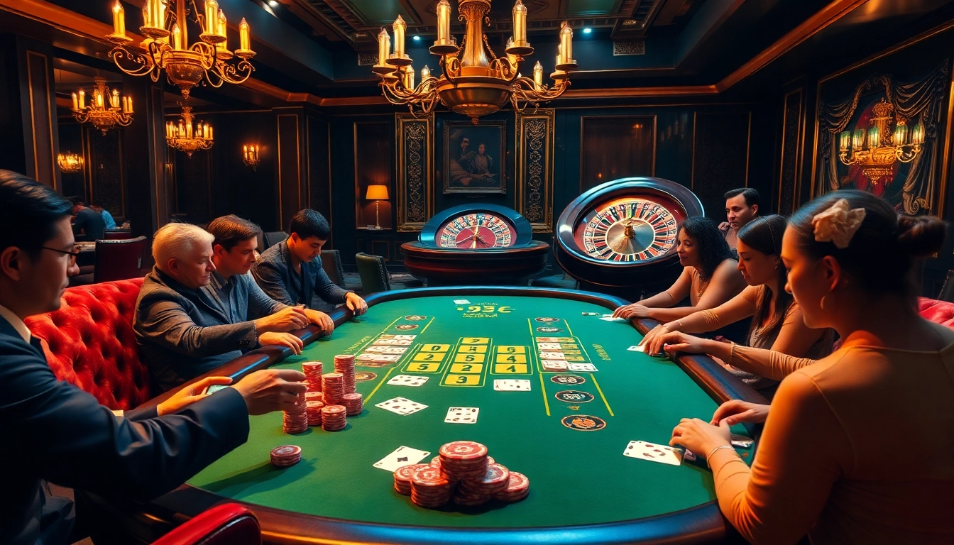 Players enjoy a thrilling game at the B52 casino table, surrounded by vibrant chips and cards.