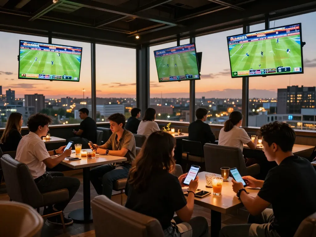 Betting excitement captured at https://tx88at.com/ rooftop lounge with friends enjoying live sports and mobile app.