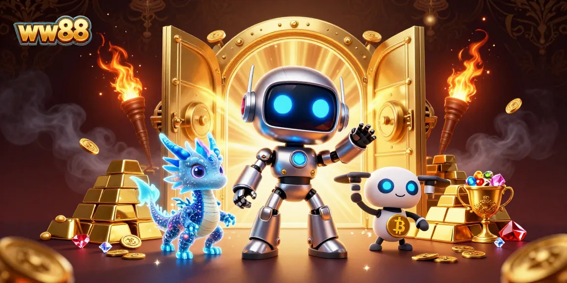 Experience thrilling gameplay at ww88 in a vibrant casino scene with robot mascots and treasure.