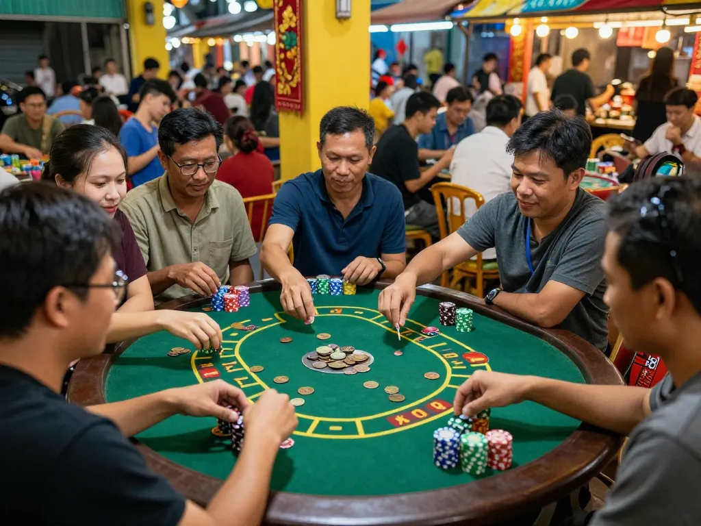 xóc đĩa players engaging in lively betting activity with vibrant atmosphere and traditional elements.