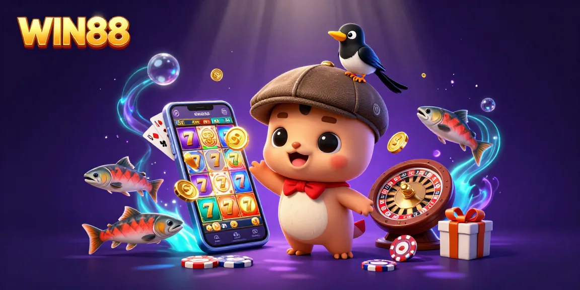 Win88 showcases a vibrant 3D illustration featuring cartoon characters engaging with exciting gambling games.