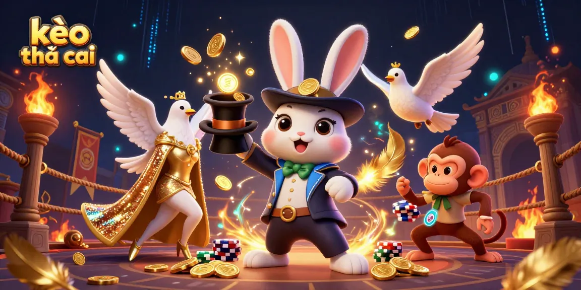 Engaging kèo nhà cái scene with a magician rabbit, a dove, and a monkey surrounded by dynamic casino elements.