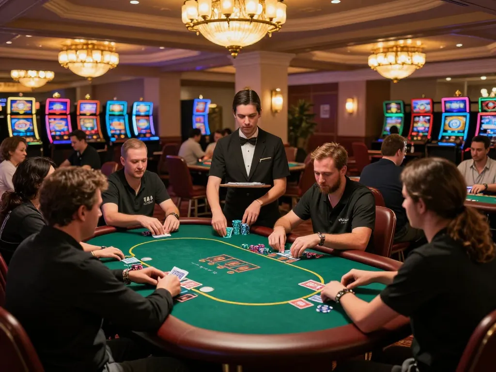 Players enjoy thrilling poker games at JUN88's upscale casino floor, showcasing vibrant gaming action.
