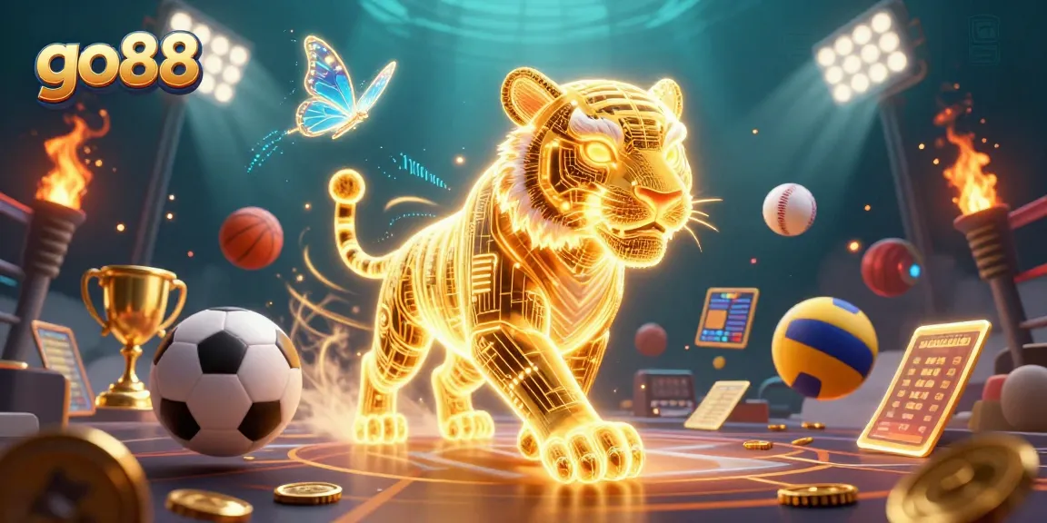 Experience exciting gameplay at go88 with a vibrant casino scene featuring a golden tiger and dynamic sports elements.