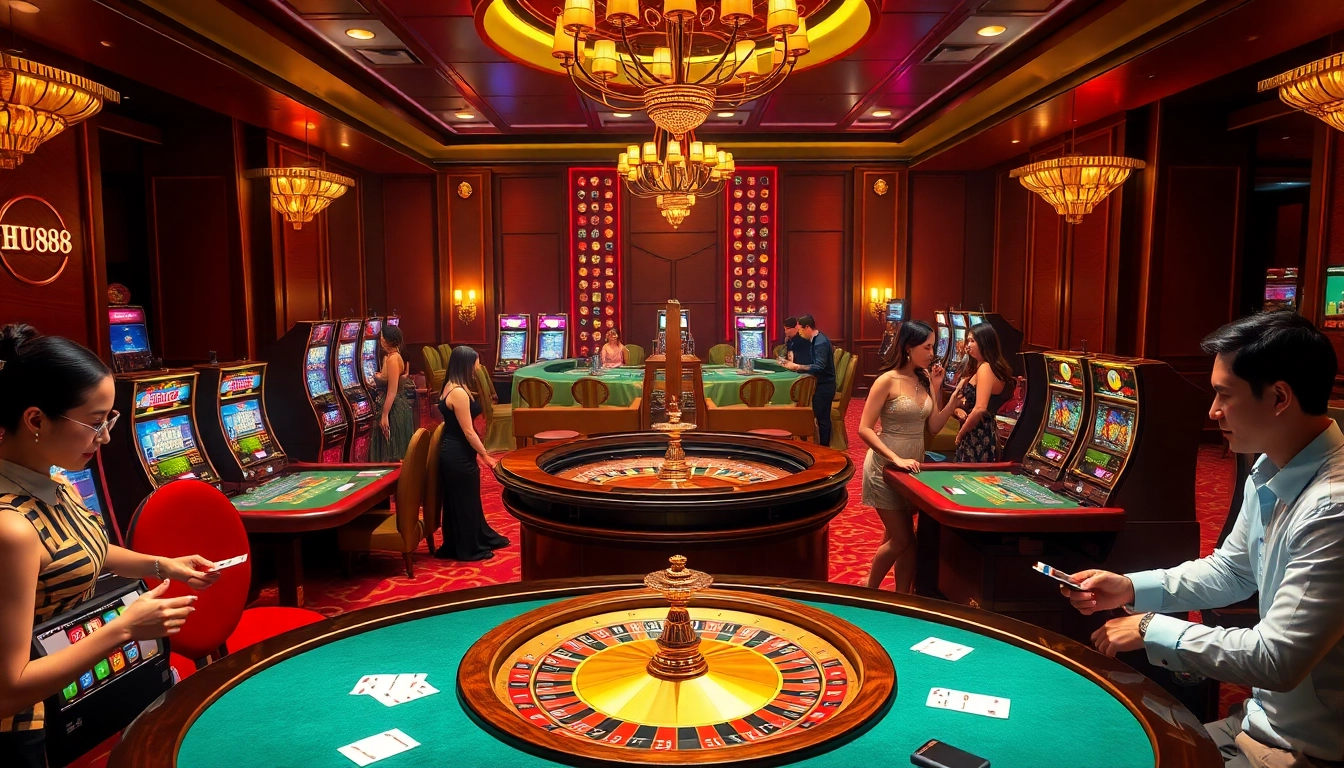 Players enjoying the excitement of HU88 at a luxurious casino table.