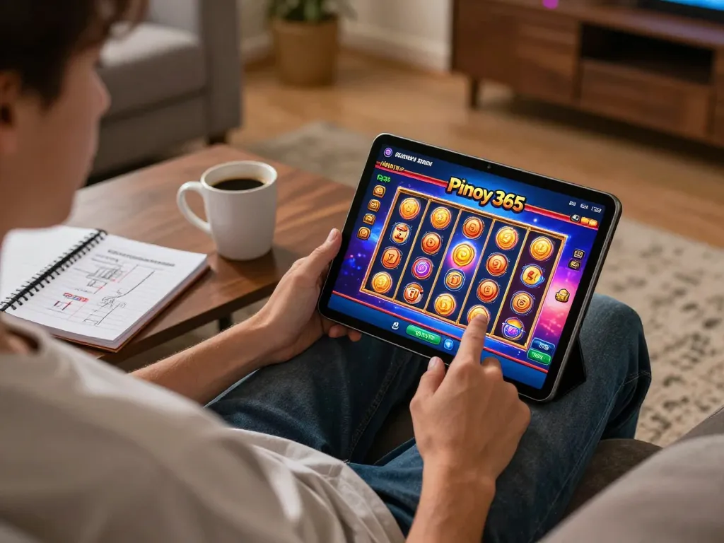 Player engaging with Pinoy 365 casino app on tablet at home, showcasing an immersive gaming experience
