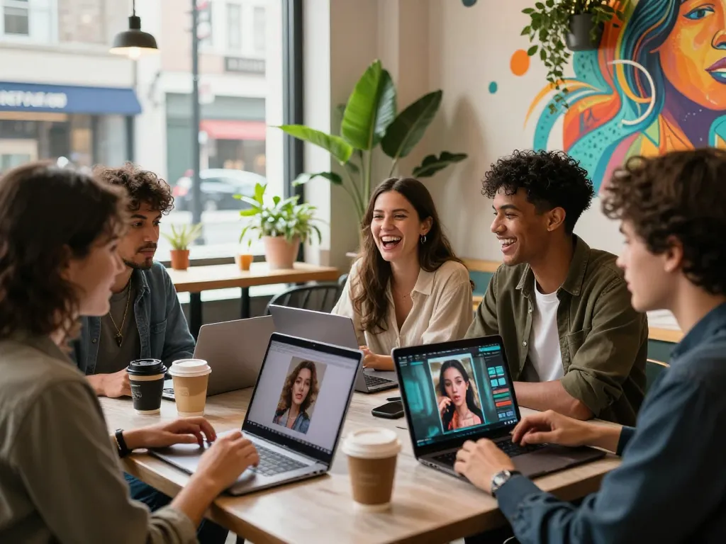 Friends discussing ai porn at a trendy urban café with digital devices and vibrant decor.