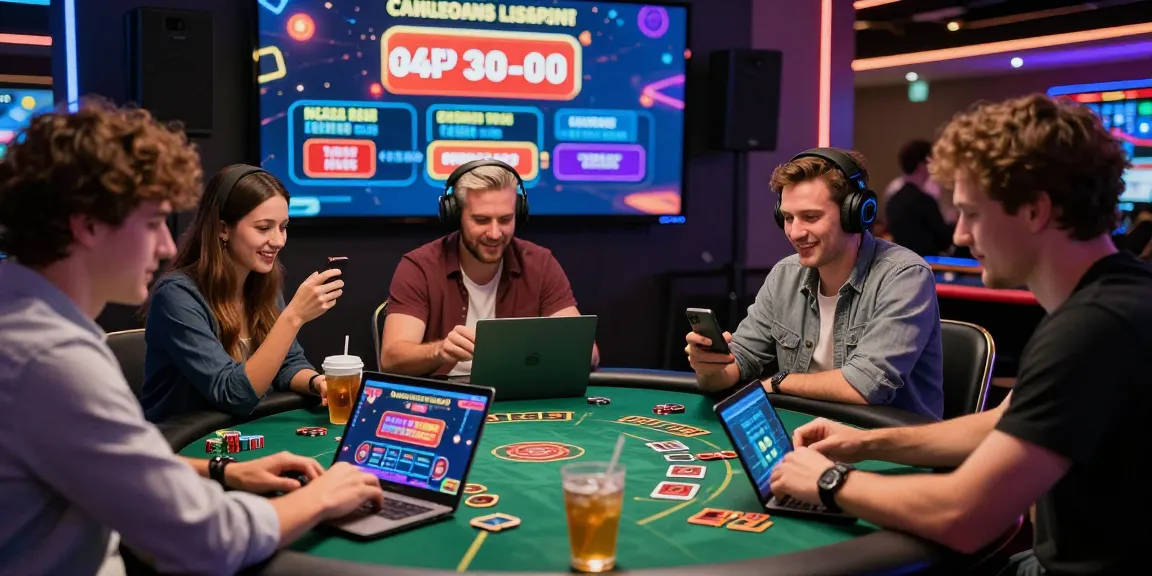 Group of friends enjoying games at non UK licensed casinos with vibrant casino graphics and excitement.