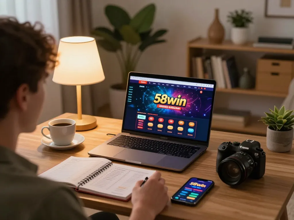Player using the 58win online casino app on a tablet while tracking strategies, in a cozy home environment.