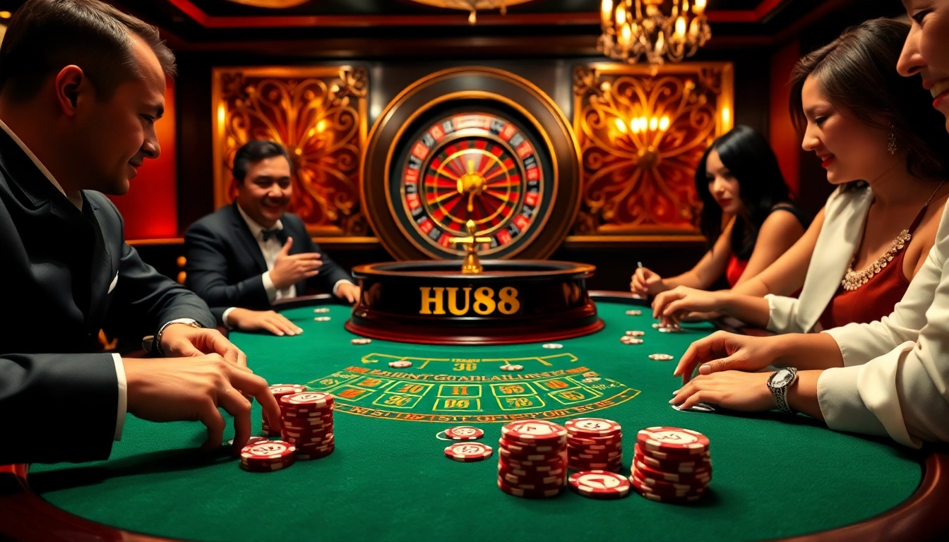 Players enjoying an exciting HU88 poker game at a luxurious casino table.