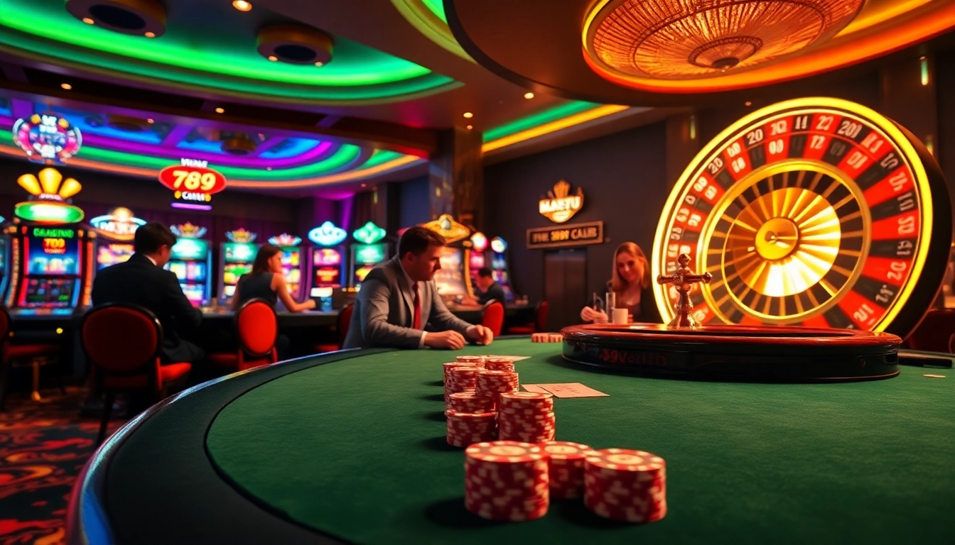 Experience exciting gameplay at 789club's vibrant casino with spinning roulette and poker tables.