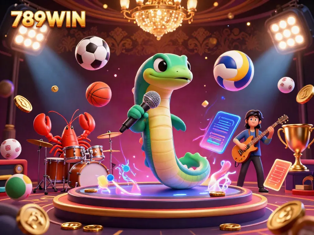Experience vibrant gameplay at 789WIN with a dynamic underwater casino featuring a DJ electric eel surrounded by sports and gaming elements.