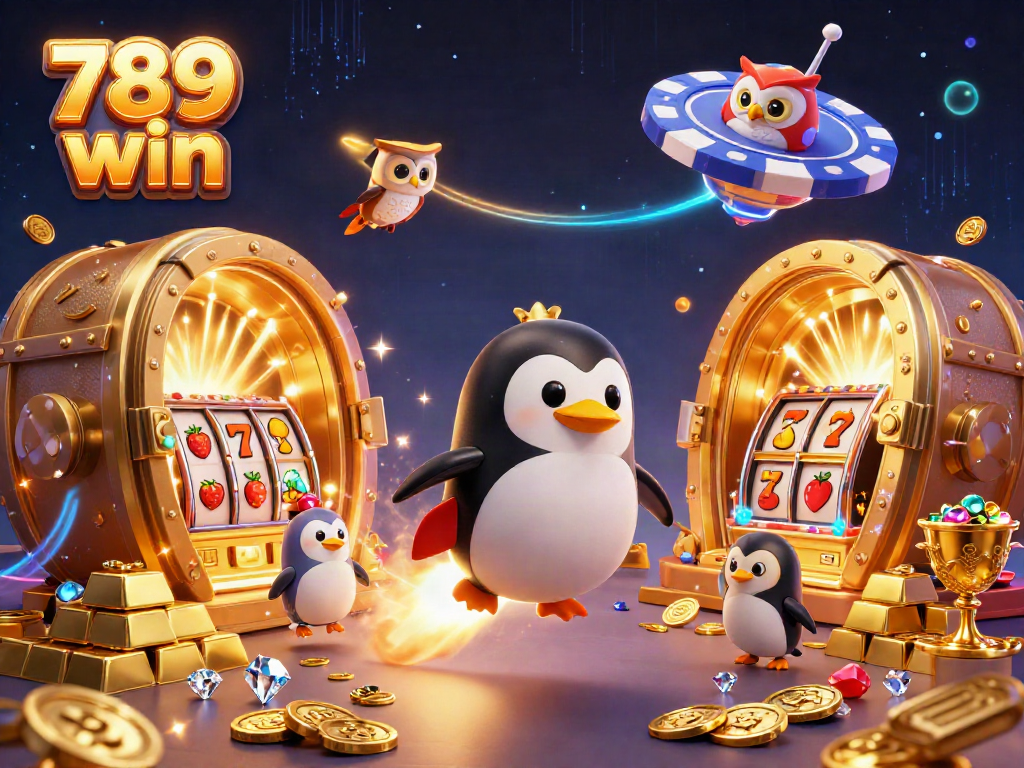 Engage in thrilling adventures with 789 win, where a golden penguin rockets towards a poker chip casino amidst diamonds and treasures.