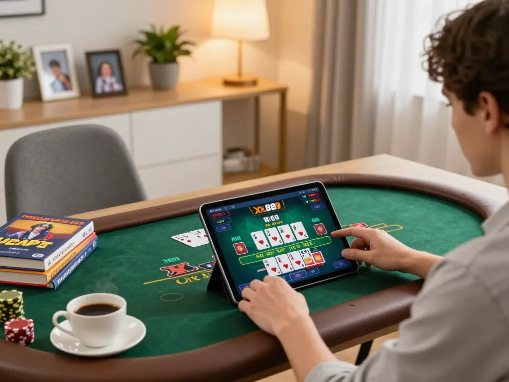 Player engaging with baccarat on tablet in cozy setup, showcasing xx88 gaming features.