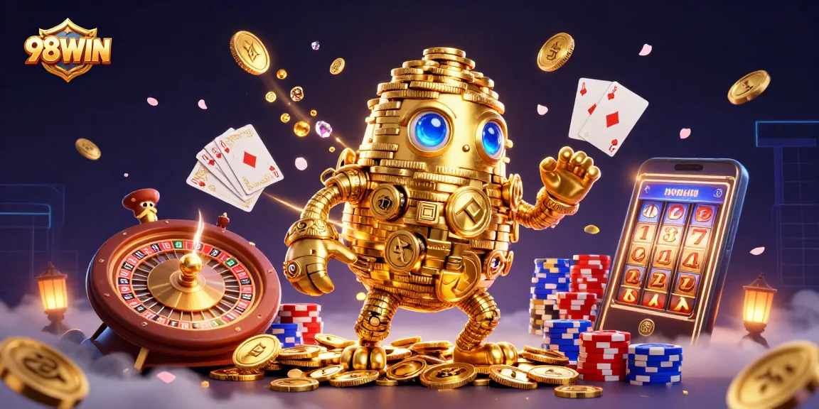 Engage with 98WIN in this dynamic digital scene showcasing a golden golem amidst casino elements, slot machines, and dazzling game features.