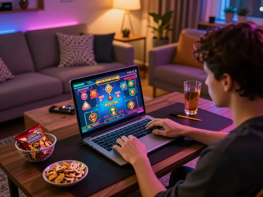 Player engaged with 789win online casino on laptop in cozy home setting, showcasing dynamic gameplay.