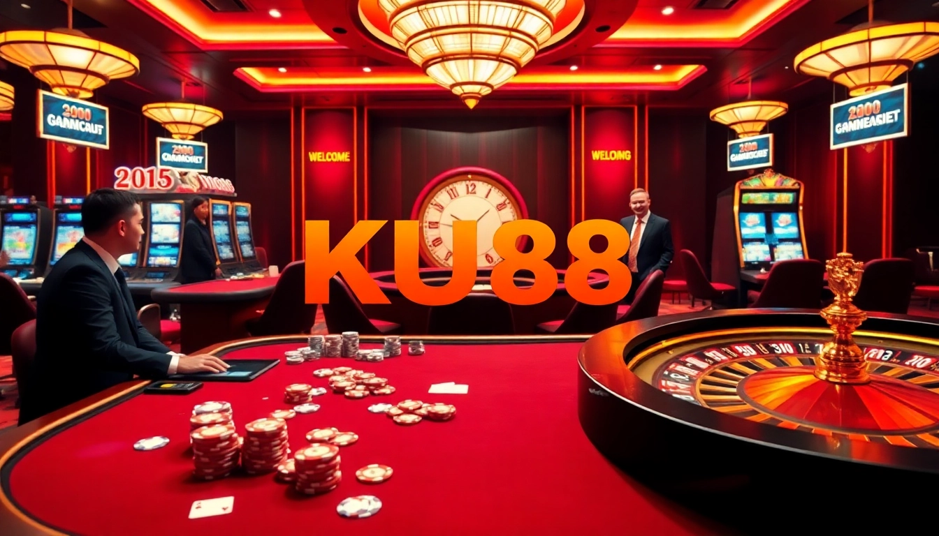 Players enjoying a thrilling game at KU88 casino with engaging tables and vibrant slot machines.