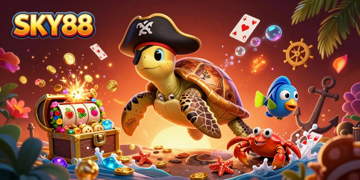SKY88 showcases a vibrant scene with a pirate turtle, crab, and parrotfish amidst a bustling casino treasure theme.