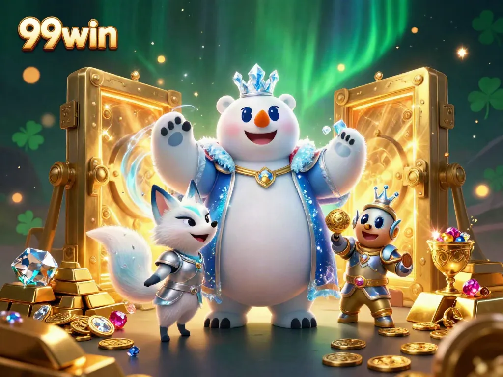 Experience the thrill of 99win with an enchanting polar bear and fox amidst treasure and jewels.