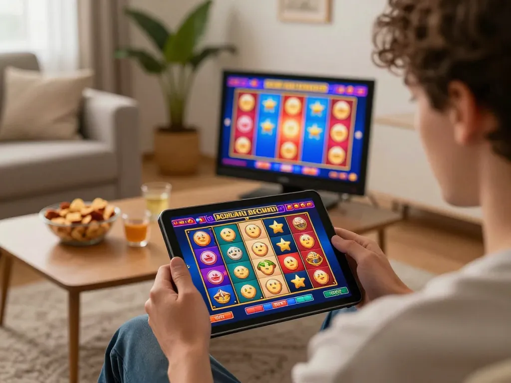 Engaging online gaming experience with 68win on tablet, cozy home atmosphere for casino slots play.