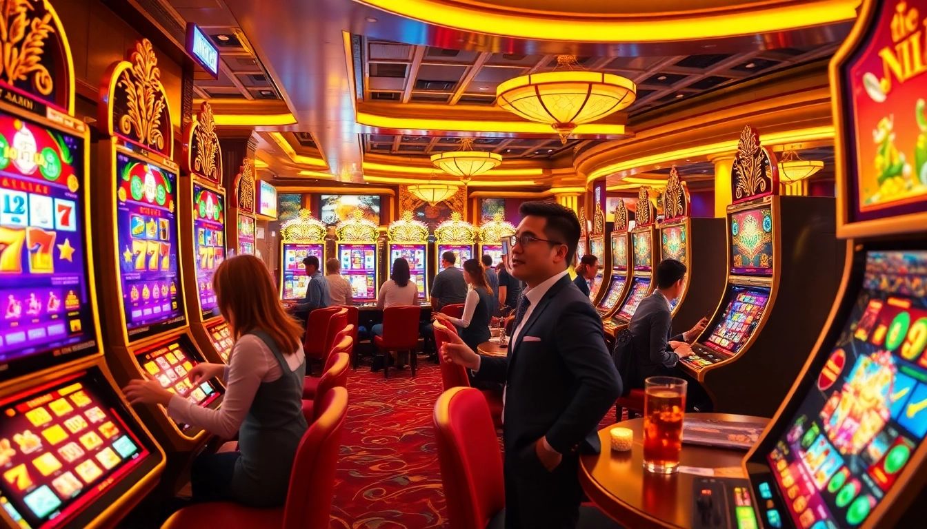 Engage with nổ hũ slot machines in a vibrant and luxurious casino scene filled with excitement.